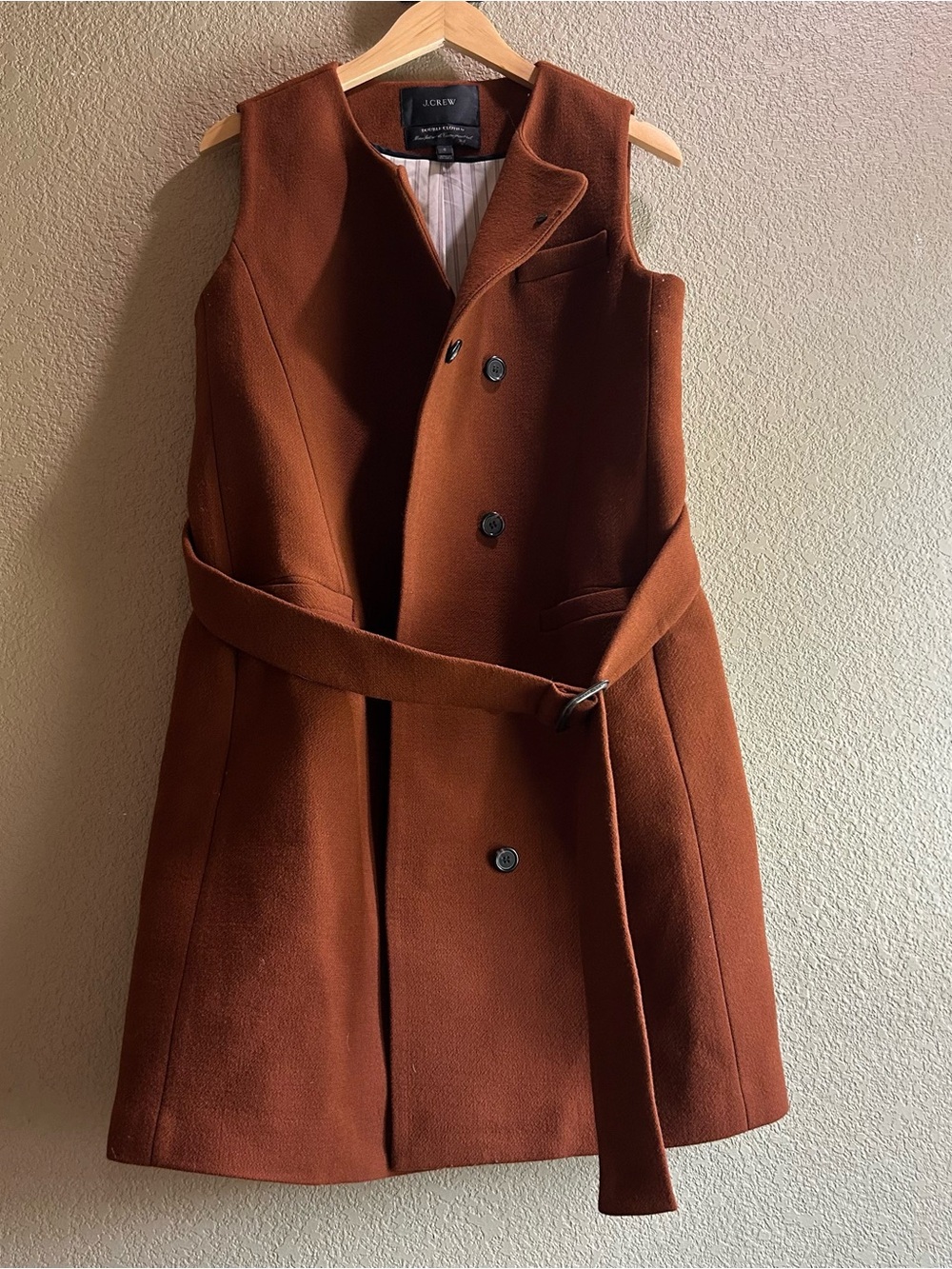 J.CREW Size 6 Sleeveless Belted vest coat Double Breaste Italian Wool Rust Brown